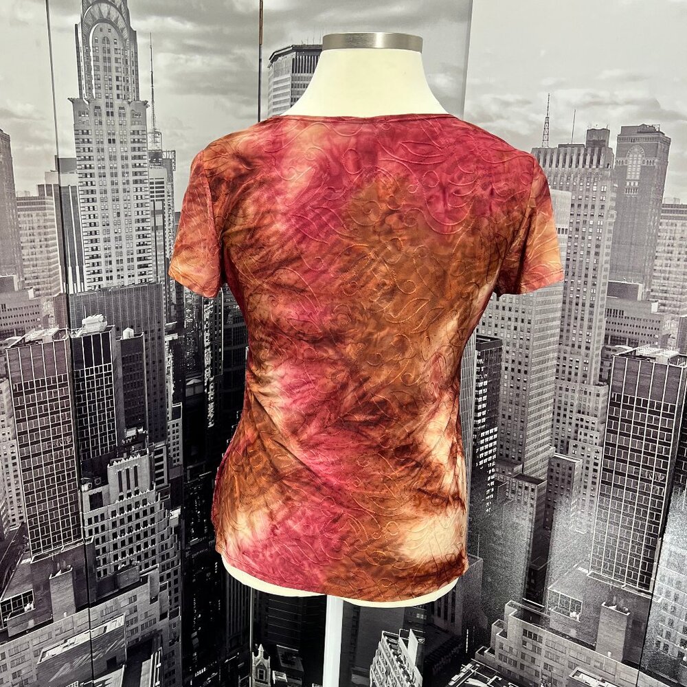 Dressbarn XL Vibrant Floral Embossed Tee | Sunset Red Orange Short Sleeve Top - Picture 3 of 11